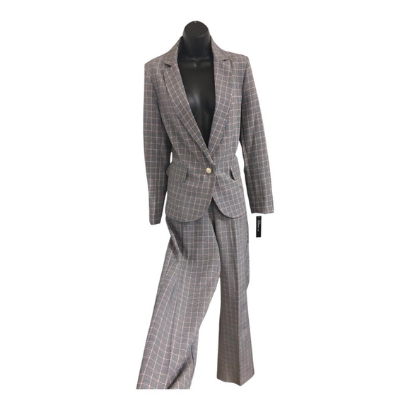 Black white red plaid houndstooth style single breasted blazer jacket pantsuit - Picture 3 of 17